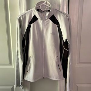 North Face lightweight jacket zip up white/black/silver reflector trim.